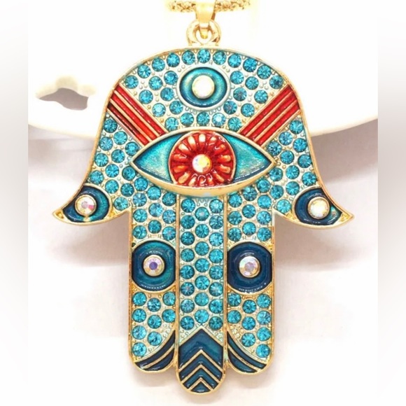 Hamsa Eye Red & Blue Enamel & Crystal Crystal Necklace NEW - Picture 4 of 5